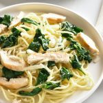 Spaghetti with spinach leaves, grilled chicken breast and cheese